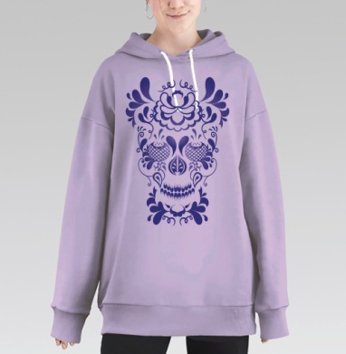 Стилизованная синяя цветочная роспись орнаментальный череп калавера, Hoodie Long Oversize Fiolet