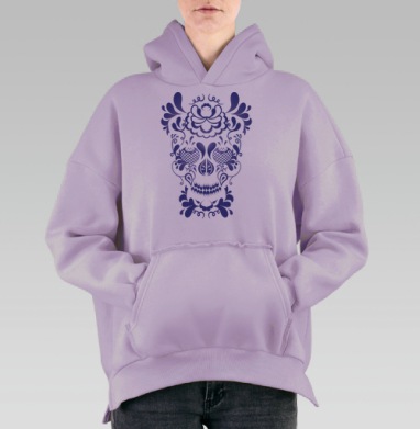 Стилизованная синяя цветочная роспись орнаментальный череп калавера, Hoodie Oversize Fiolet, утепленная