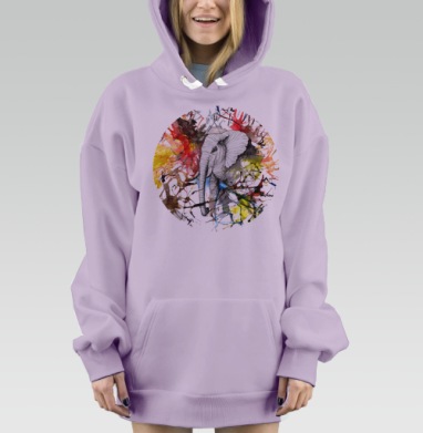 Стилизованный портрет слона в графике и акварели, Hoodie Mjhigh Dig Mel, Fiolet, утепленная