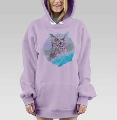 Стилизованный портрет совы в тумане мудрости, Hoodie Mjhigh Dig Mel, Fiolet, утепленная