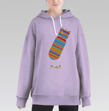 Сюрреалистичная бомба и домик с человеком HELLO, Hoodie Long Oversize Fiolet
