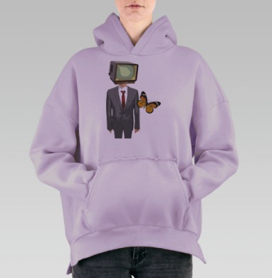Сюрреалистичный постер с человеком-телевизором и бабочкой, Hoodie Oversize Fiolet, утепленная