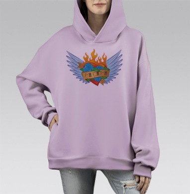 Татуировка Old School с сердцем 'MOM' и синими розами, Hoodie Mono Fiolet, оверсайз, утепленная