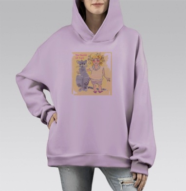 Теплая иллюстрация девочки с золотыми кудрями и котом в короне / Queen of Cats, Hoodie Mono Fiolet, оверсайз, утепленная