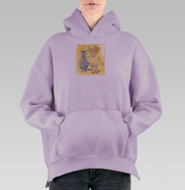 Теплая иллюстрация девочки с золотыми кудрями и котом в короне / Queen of Cats, Hoodie Oversize Fiolet, утепленная
