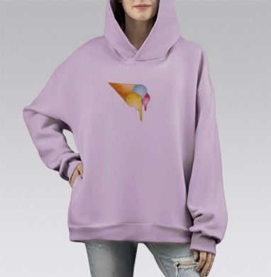 Трехцветное мороженое в вафельном рожке с таянием, Hoodie Mono Fiolet, оверсайз, утепленная