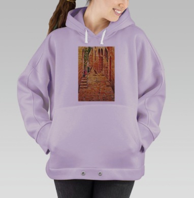 Узкая старинная улочка в акварели с красной дверью, Hoodie Oversize Fiolet