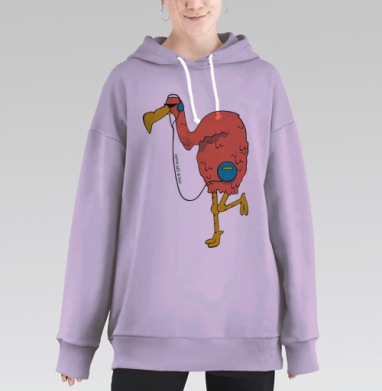 Веселый фламинго в наушниках – яркий мультяшный арт, Hoodie Long Oversize Fiolet