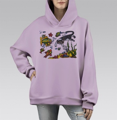 Весёлый кот-дайвер в подводном мире, Hoodie Mono Fiolet, оверсайз, утепленная