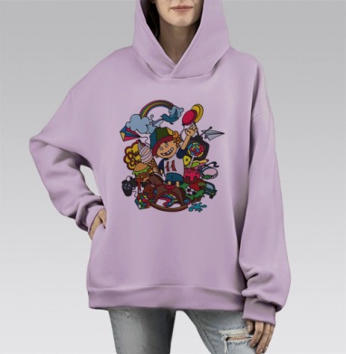 Веселый мальчик на деревянной лошадке-качалке, Hoodie Mono Fiolet, оверсайз, утепленная