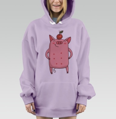 Веселый мультяшный розовый поросенок с яблоком, Hoodie Mjhigh Dig Mel, Fiolet, утепленная