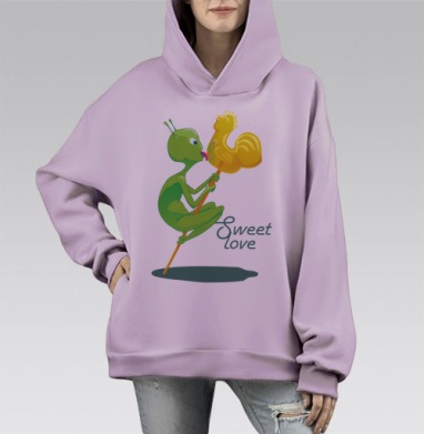 Весёлый зелёный инопланетянин со сладким леденцом, Hoodie Mono Fiolet, оверсайз, утепленная