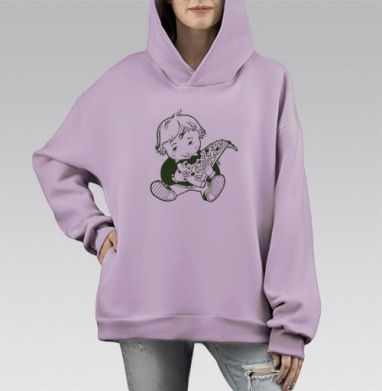 Vintage boy hugging pizza / Винтажный мальчик обнимает большой кусок пиццы, Hoodie Mono Fiolet, оверсайз, утепленная