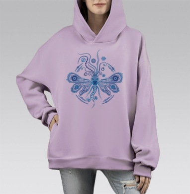 Visionary Dragonfly / Стрекоза и геометрия как светящийся неоновый узор, Hoodie Mono Fiolet, оверсайз, утепленная