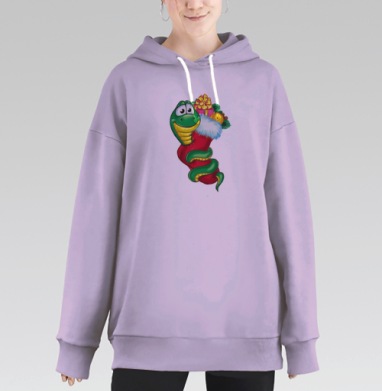 Внутри красного праздничного чулка сидит Реалистичная новогодняя змея, Hoodie Long Oversize Fiolet