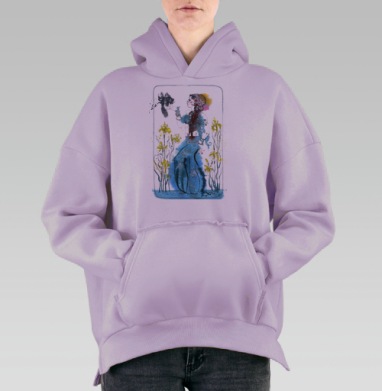 Восточная фея с черной рыбкой в ирисах, Hoodie Oversize Fiolet, утепленная