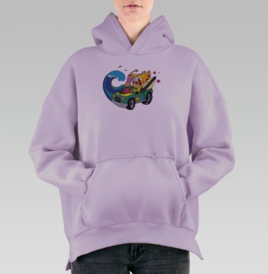 Яркая летняя машина с серфингистами и волной, Hoodie Oversize Fiolet, утепленная