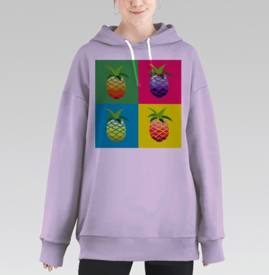 Яркие четырехцветные ананасы в поп арт стиле на зеленом розовом фоне, Hoodie Long Oversize Fiolet