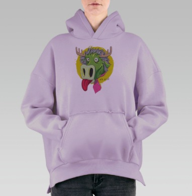 Яркий арт с лосем в розовом галстуке «Elk Acid», Hoodie Oversize Fiolet, утепленная