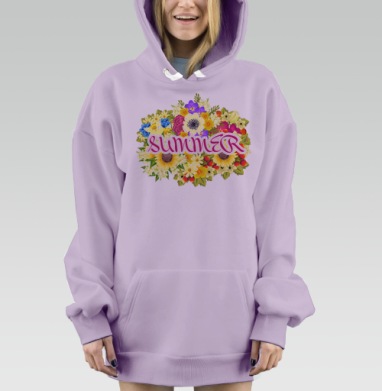 Яркий летний цветочный коллаж SUMMER, Hoodie Mjhigh Dig Mel, Fiolet, утепленная