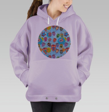 Яркий паттерн с забавными совами на голубом фоне, Hoodie Oversize Fiolet