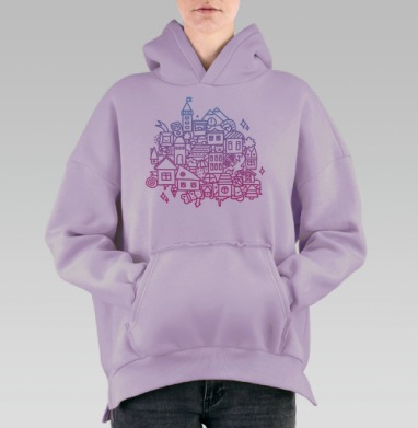 Яркое дудл-арт полотно с городскими и фантазийными мотивами, Hoodie Oversize Fiolet, утепленная