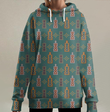 Узор на зеленом., Hoodie Long Oversize 3D