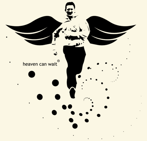 Мужчина с крыльями бегущий вперед с текстом heaven can wait® - Принты для парней, страница 29 