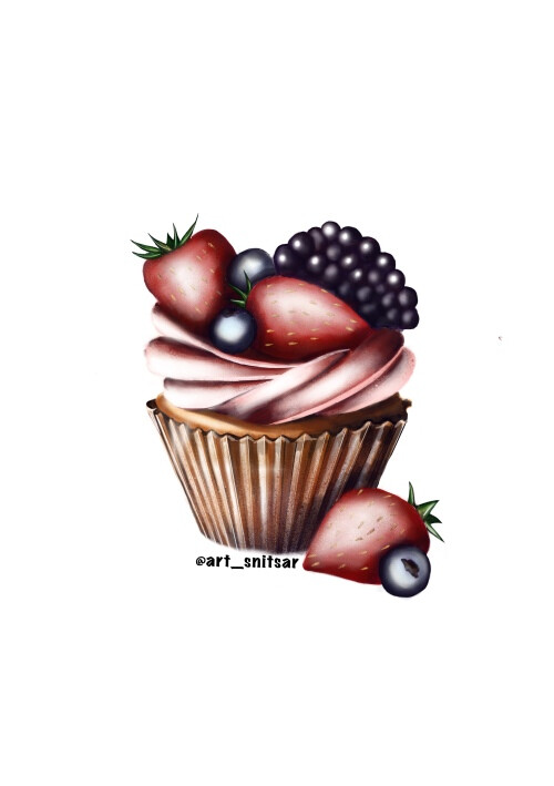 Вкусный кекс с ягодами и кремом на белом фоне - Магазин футболок Art_Snitsar - Дизайнерские принты