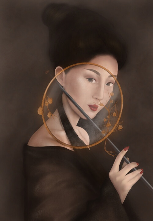 Таинственный женский профиль с веером и веточками - Магазин футболок IllustrationPok - Дизайнерские принты