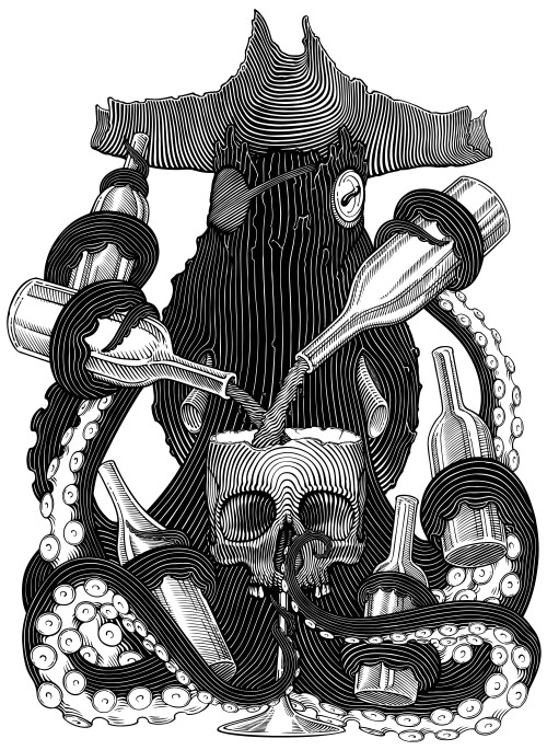 Гравюра с осьминогом-барменом и черепом-бокалом - Принты для парней, страница 4 