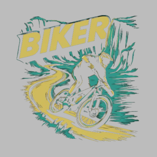 Велосипедист спускается по дороге с надписью BIKER Байкер игроках - Магазин футболок nais - Дизайнерские принты