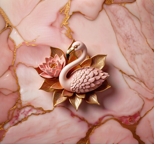 Элегантный розовый фламинго в лотосе на золотом мраморе – Elegant pink flamingo in lotus on golden marble - Магазин футболок AnnArtshock - Дизайнерские принты