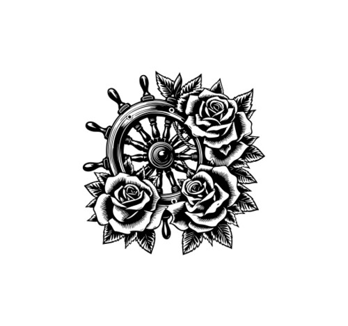 Штурвал корабля с пышными розами в стиле тату Roses Tattoo Style - Магазин футболок AnnArtshock - Дизайнерские принты