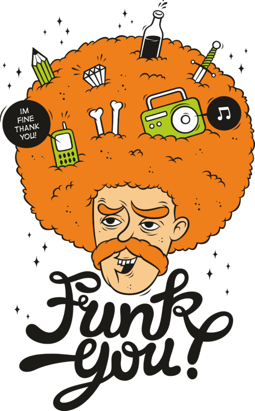 Мужчина с афро прической наполненной предметами Funk you - Принты для парней, страница 23 